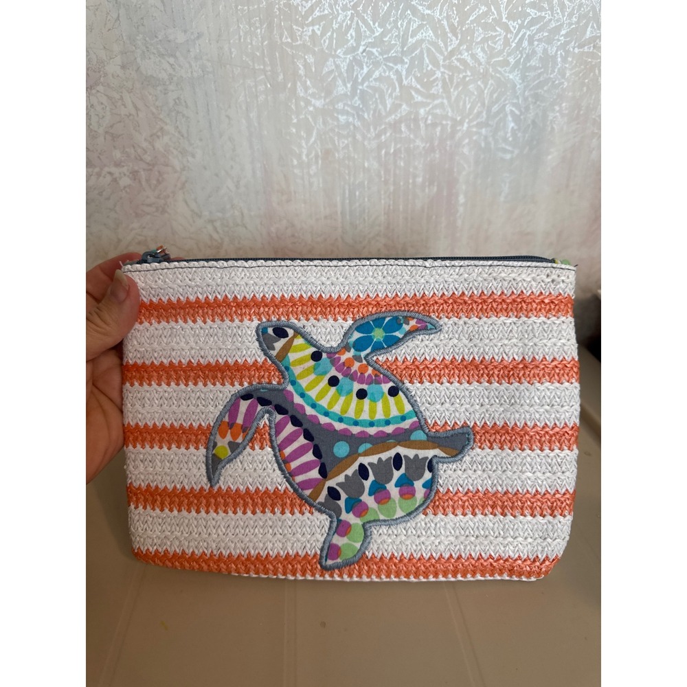 Vera Bradley Sea Turtle Woven Straw Wristlet Pouch Orange White Striped Bag
